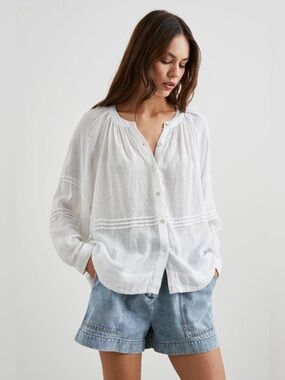 Rails Frances Top White Linen Button Up Blouse Bohemian Coastal Small